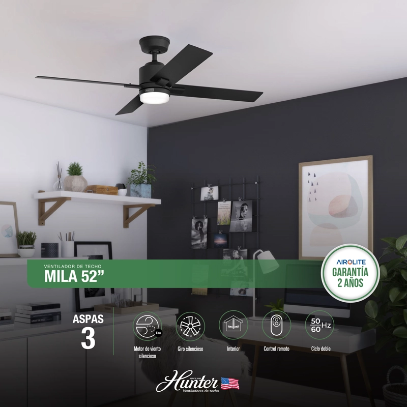 VENTILADOR TECHO HUNTER MILA NEGRO - 2
