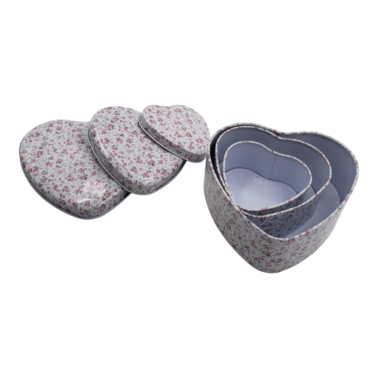 SET CAJAS DISEÑO CORAZON METAL ROSADO 12X11X5CM (3U) - 1