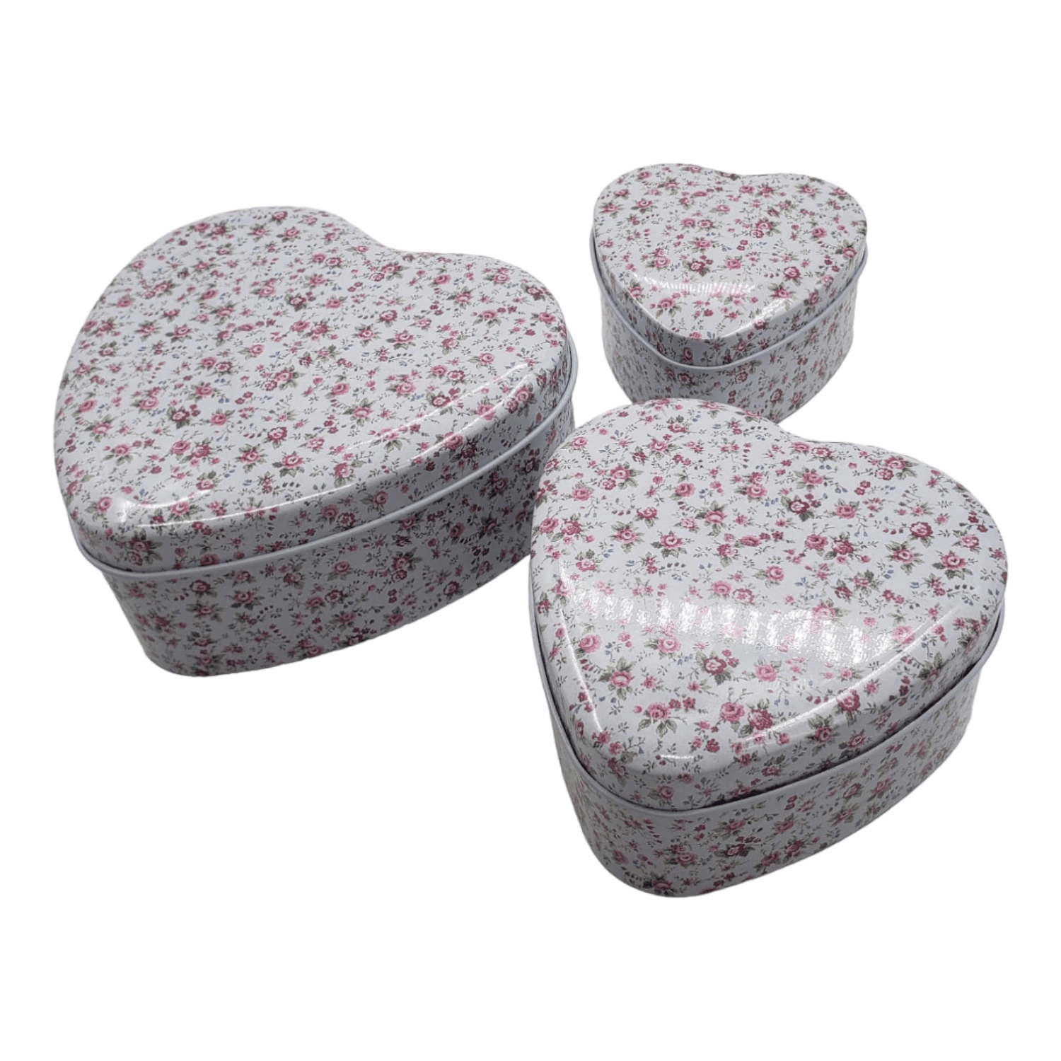 SET CAJAS DISEÑO CORAZON METAL ROSADO 12X11X5CM (3U) - 3