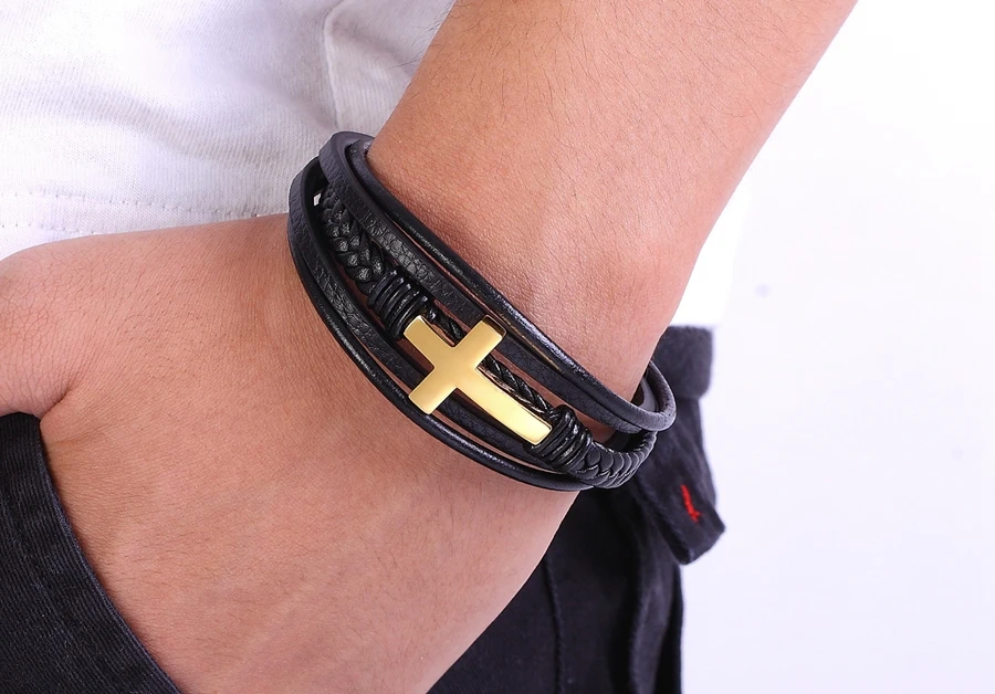 PULSERA DE CUERO CRUZ GOLD HOMBRE ROYAL MADRIZ - 2
