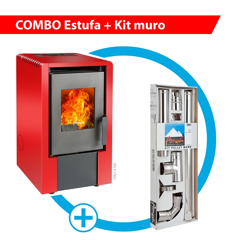 ESTUFA A PELLET ITALY 6100 EN COLOR ROJO + KIT INST. MURO - 1
