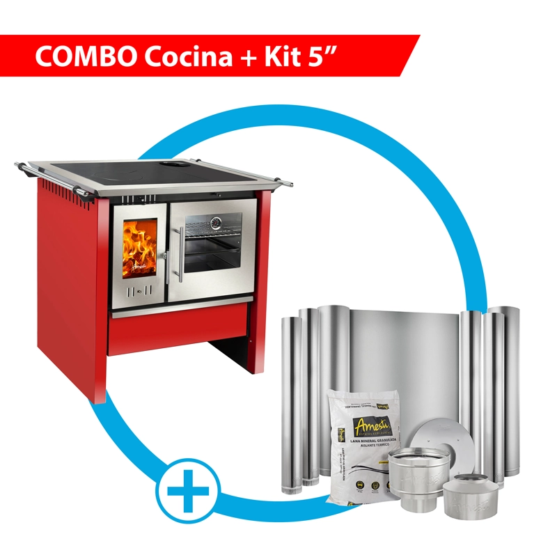 COCINA A LEÑA ALLEGRA INOX EN COLOR ROJO + KIT INSTALACIÓN 5' - 1