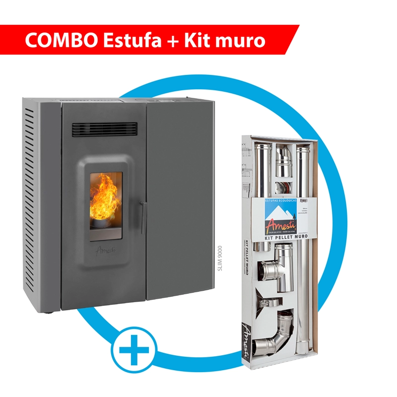 ESTUFA A PELLET SLIM 9000 EN COLOR NEGRO + KIT INST. MURO - 1