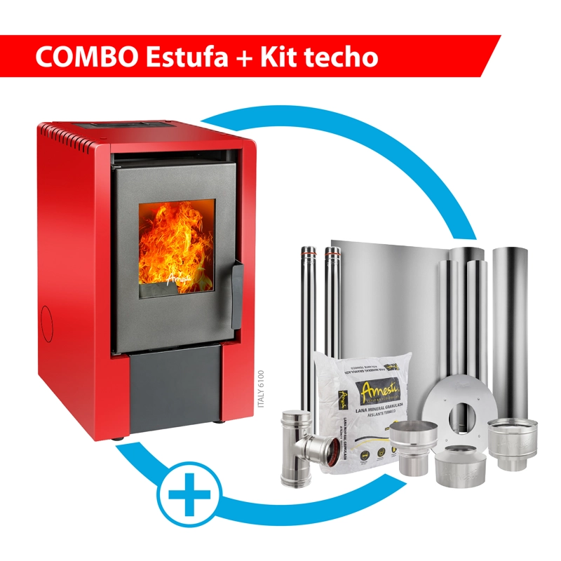 ESTUFA A PELLET ITALY 6100 EN COLOR ROJO + KIT INST. TECHO - 1