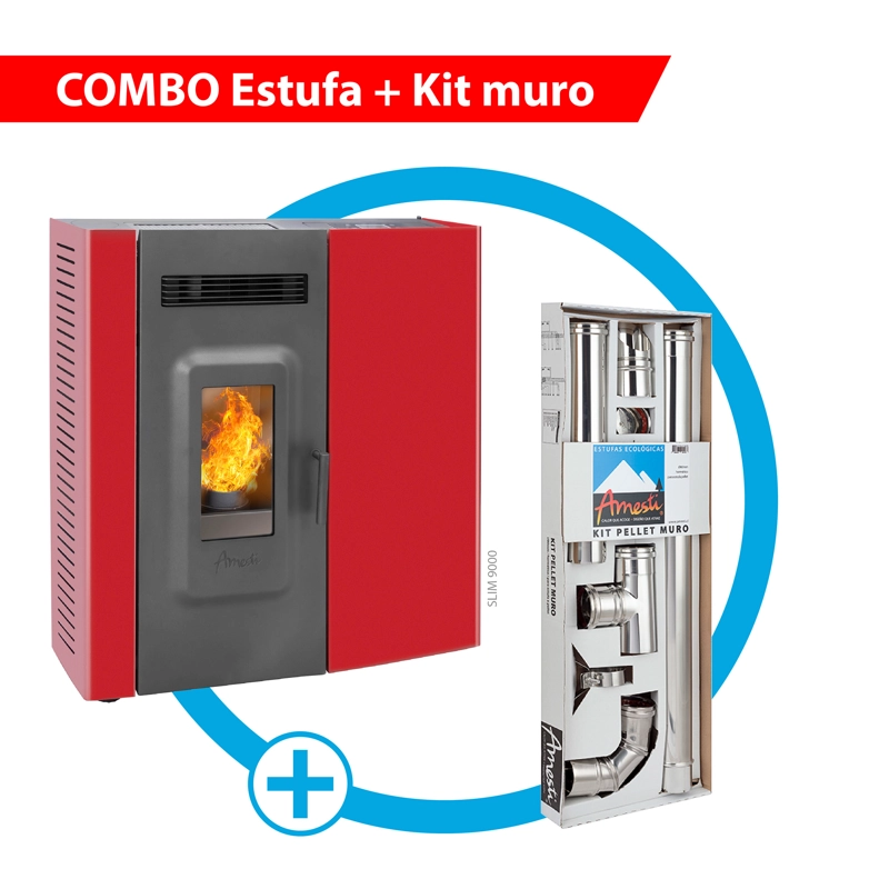 ESTUFA A PELLET SLIM 9000 EN COLOR ROJO + KIT INST. MURO - 1