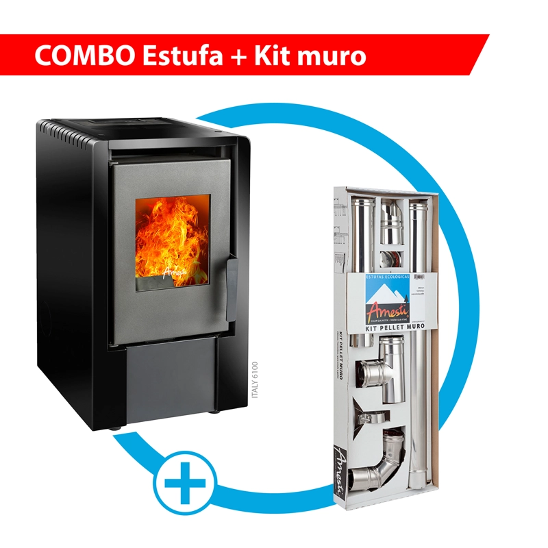 ESTUFA A PELLET ITALY 6100 NEGRA + KIT INST. MURO - 1