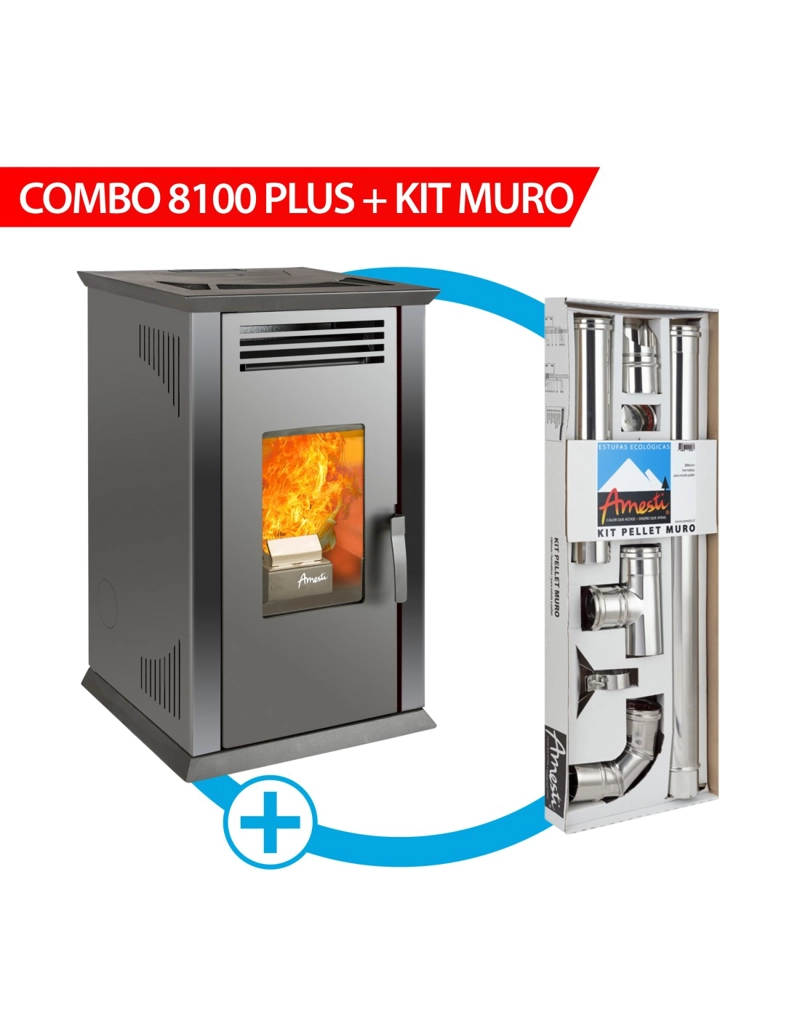 CALEFACTOR A PELLET AMESTI ITALY 8100 PLUS NEGRA + KIT INSTALACION MURO - 1