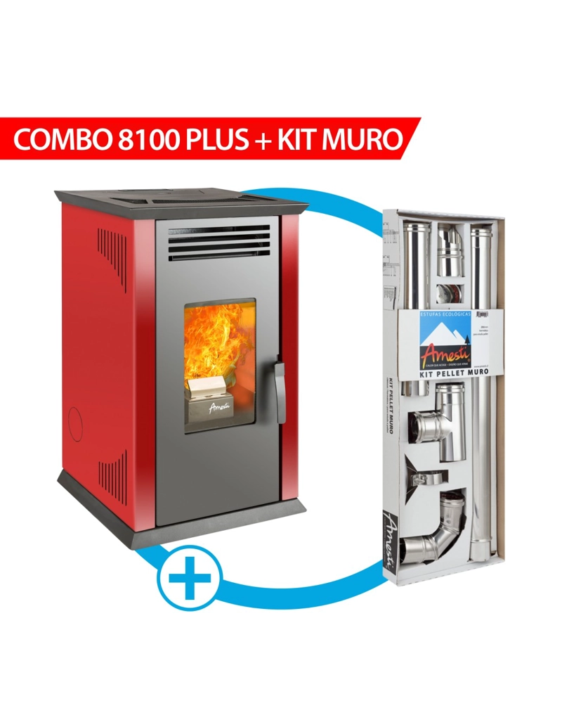 CALEFACTOR A PELLET AMESTI ITALY 8100 PLUS ROJA + KIT INSTALACION MURO - 1