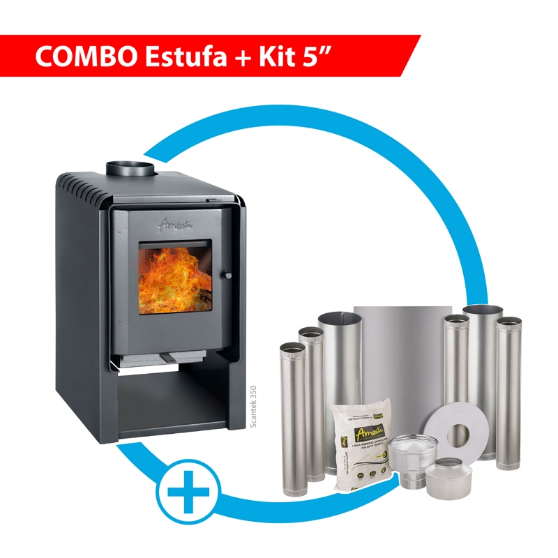 COMBO ESTUFA A LEÑA SCANTEK 350 + KIT INSTALACION 5'