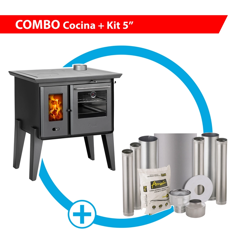 COMBO COCINA A LEÑA COMBUSTION LENTA ALMA + KIT INSTALACION 5' - 1