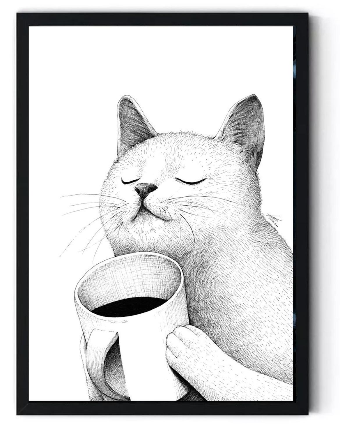 CUADRO DECORATIVO GATO TOMANDO CAFE MEDIDAS 30X40 CM - 1