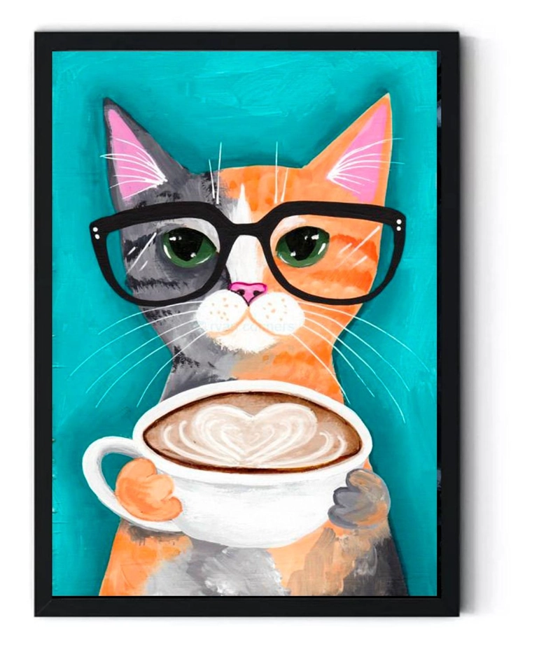 CUADRO DECORATIVO GATO TOMANDO CAPPUCCINO MEDIDAS 30X40 CM - 1