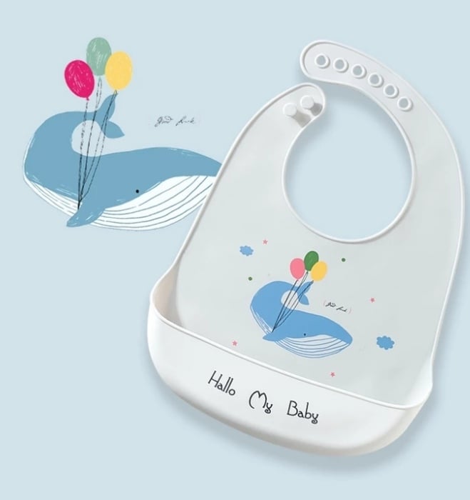 BABERO DE SILICONA CON BOLSILLO RECOLECTOR BALLENA PLOMO - 1