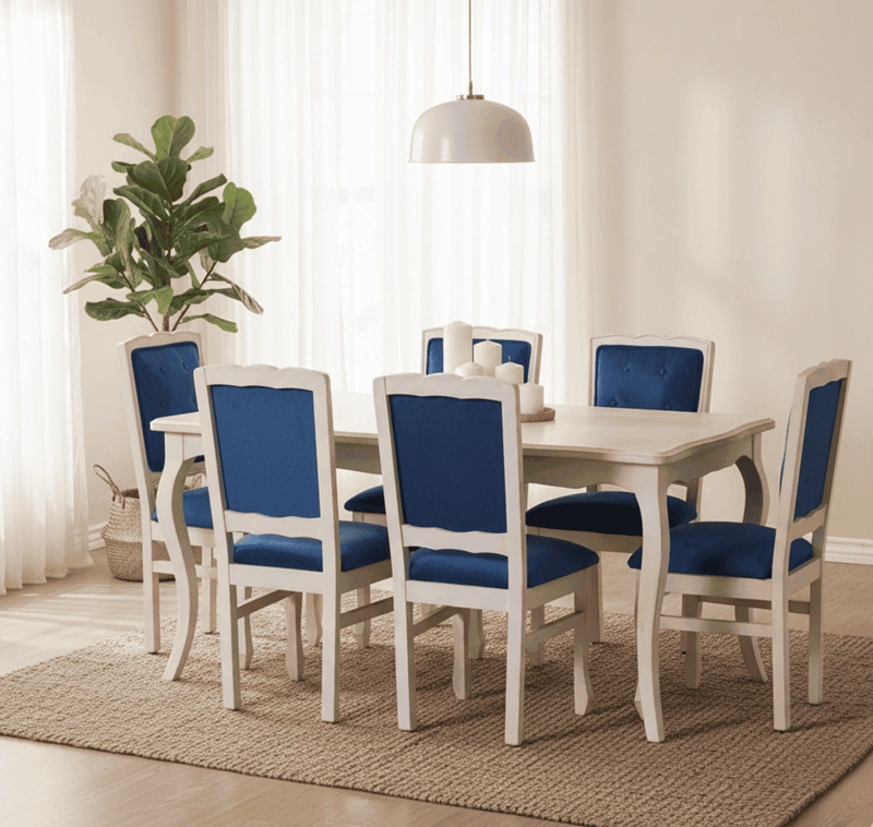 COMEDOR 6 SILLAS NORMANDO 90X160 RESPALDO TAPIZ AZUL - 1