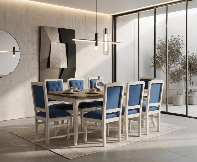 COMEDOR 8 SILLAS NORMANDO 100X200  CUBIERTA MIEL RESPALDO TAPIZ AZUL - 1