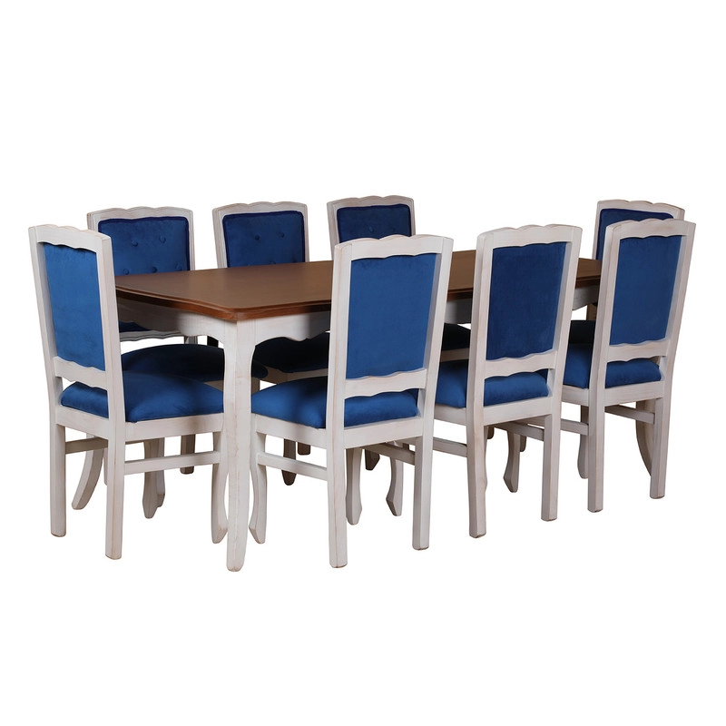 COMEDOR 8 SILLAS NORMANDO 100X200  CUBIERTA MIEL RESPALDO TAPIZ AZUL - 2