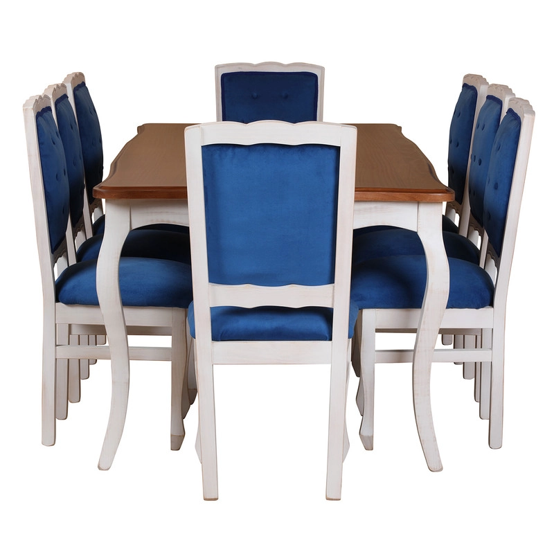 COMEDOR 8 SILLAS NORMANDO 100X200  CUBIERTA MIEL RESPALDO TAPIZ AZUL - 3