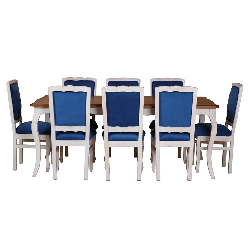 COMEDOR 8 SILLAS NORMANDO 100X200  CUBIERTA MIEL RESPALDO TAPIZ AZUL - 5