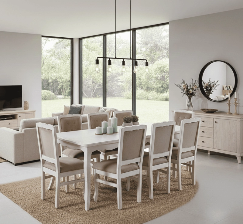 COMEDOR 8 SILLAS NORMANDO 100X200 BLANCO ENVEJECIDO RESPALDO TAPIZ BEIGE - 1