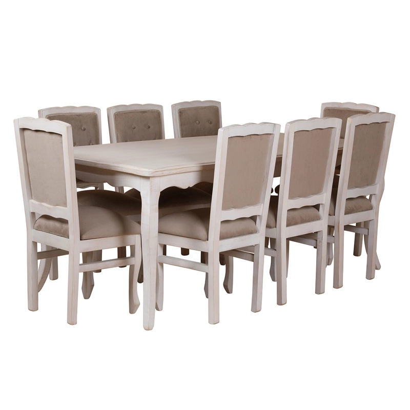 COMEDOR 8 SILLAS NORMANDO 100X200 BLANCO ENVEJECIDO RESPALDO TAPIZ BEIGE - 2