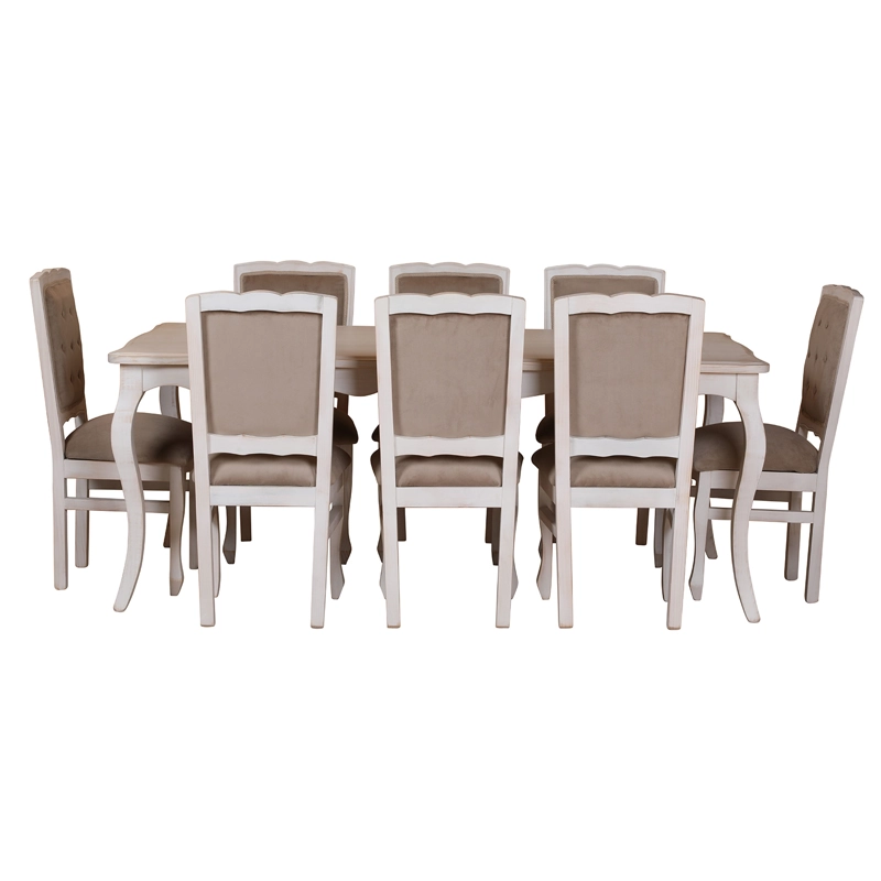 COMEDOR 8 SILLAS NORMANDO 100X200 BLANCO ENVEJECIDO RESPALDO TAPIZ BEIGE - 3