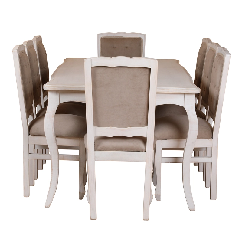 COMEDOR 8 SILLAS NORMANDO 100X200 BLANCO ENVEJECIDO RESPALDO TAPIZ BEIGE - 5