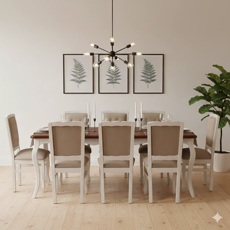 COMEDOR 8 SILLAS NORMANDO 100X200 BLANCO ENVEJECIDO CUBIERTA MIEL RESPALDO TAPIZADO BEIGE - 1