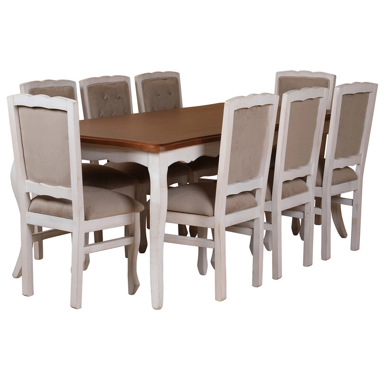 COMEDOR 8 SILLAS NORMANDO 100X200 BLANCO ENVEJECIDO CUBIERTA MIEL RESPALDO TAPIZADO BEIGE - 2