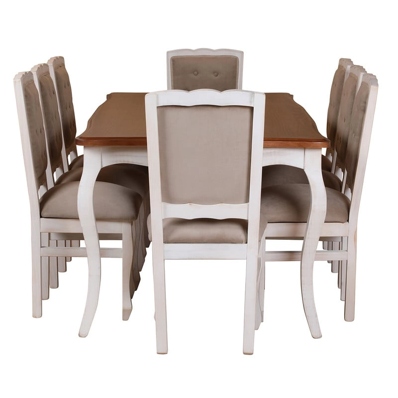 COMEDOR 8 SILLAS NORMANDO 100X200 BLANCO ENVEJECIDO CUBIERTA MIEL RESPALDO TAPIZADO BEIGE - 3