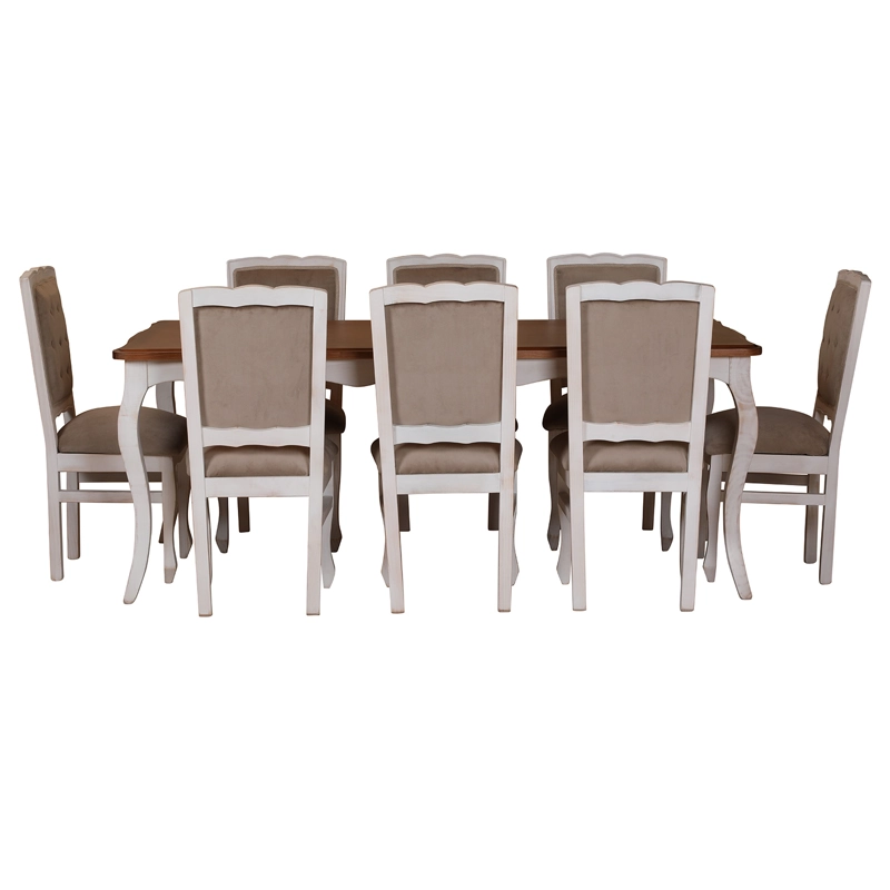 COMEDOR 8 SILLAS NORMANDO 100X200 BLANCO ENVEJECIDO CUBIERTA MIEL RESPALDO TAPIZADO BEIGE - 5