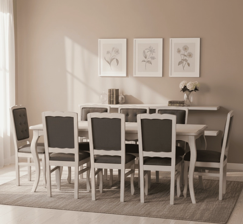 COMEDOR 8 SILLAS NORMANDO 100X200 VINTAGE RESPALDO TAPIZ GRIS - 1