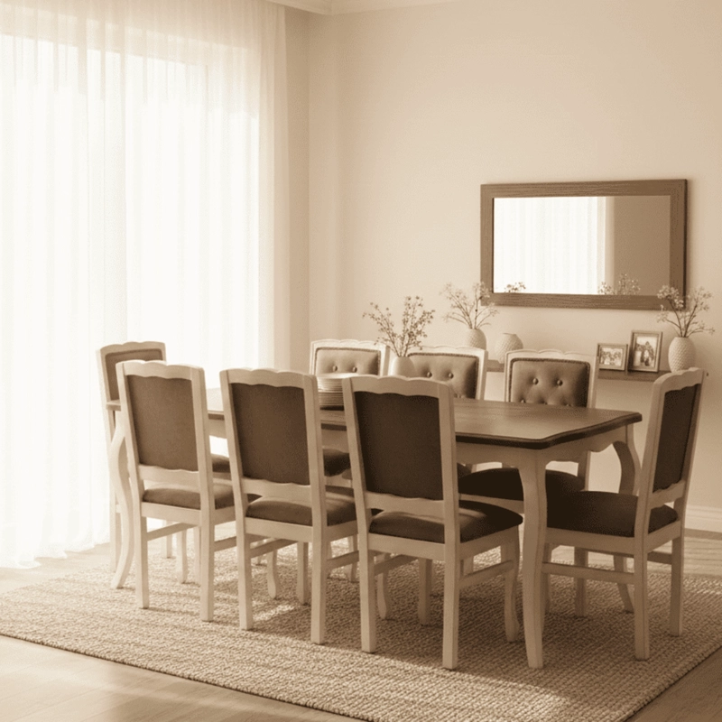 COMEDOR 8 SILLAS  NORMANDO 100X200 VINTAGE CUBIERTA MIEL RESPALDO TAPIZ GRIS - 1