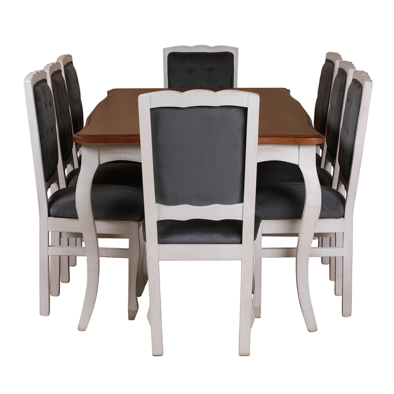 COMEDOR 8 SILLAS  NORMANDO 100X200 VINTAGE CUBIERTA MIEL RESPALDO TAPIZ GRIS - 2