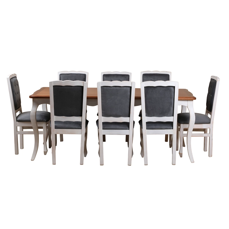 COMEDOR 8 SILLAS  NORMANDO 100X200 VINTAGE CUBIERTA MIEL RESPALDO TAPIZ GRIS - 3