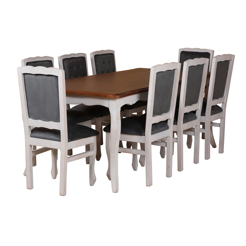 COMEDOR 8 SILLAS  NORMANDO 100X200 VINTAGE CUBIERTA MIEL RESPALDO TAPIZ GRIS - 5