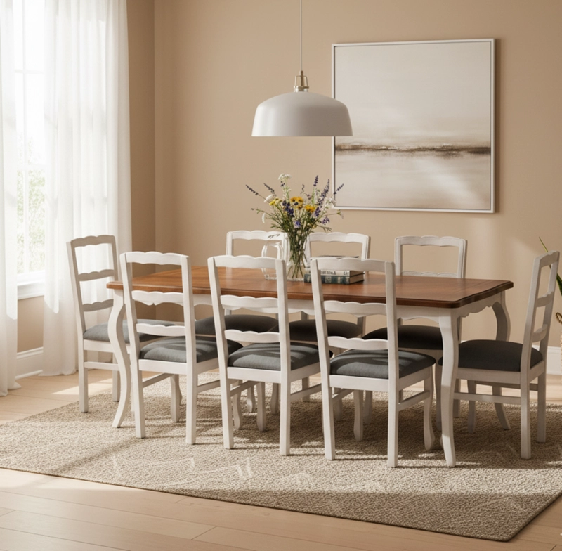 COMEDOR 8 SILLAS NORMANDO 100X200 BLANCO ENVEJECIDO TAPIZ GRIS - 1