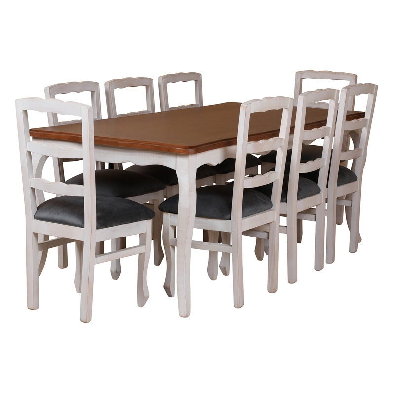 COMEDOR 8 SILLAS NORMANDO 100X200 BLANCO ENVEJECIDO TAPIZ GRIS - 2