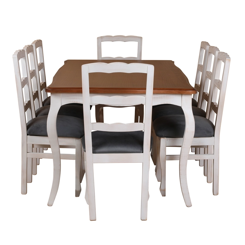 COMEDOR 8 SILLAS NORMANDO 100X200 BLANCO ENVEJECIDO TAPIZ GRIS - 3