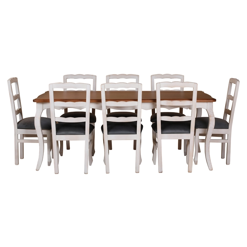 COMEDOR 8 SILLAS NORMANDO 100X200 BLANCO ENVEJECIDO TAPIZ GRIS - 4