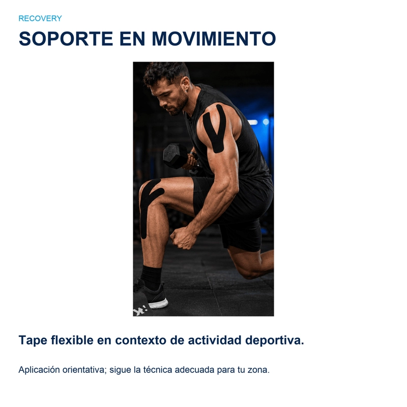 TAPE KINESIOLOGICO RECOVERY NEGRO 5 CM X 5 M, 20 TIRAS PRECORTADAS - 3