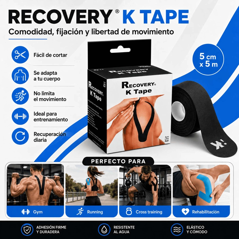 TAPE KINESIOLOGICO RECOVERY NEGRO 5 CM X 5 M, 20 TIRAS PRECORTADAS - 6