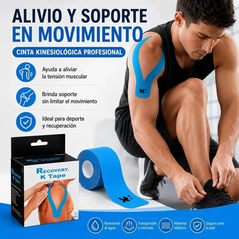 TAPE KINESIOLOGICO RECOVERY AZUL 5 CM X 5 M, 20 TIRAS PRECORTADAS - 4