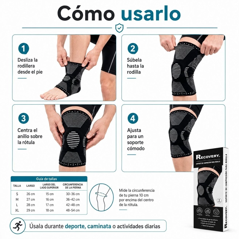 RODILLERA RECOVERY COMPRESIÓN CON SOPORTES LATERALES GEL RÓTULA DEPORTES DOLORES LESIONES MUSCULARES - 5