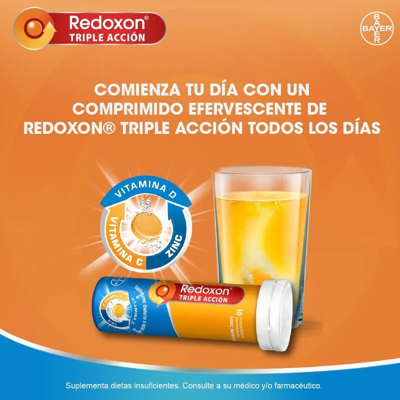 SUPLEMENTO ALIMENTICIO BAYER TABLETAS VITAMINA C + D + ZINC REDOXON TRIPLE ACCIÓN 10 COMP NARANJA - 2