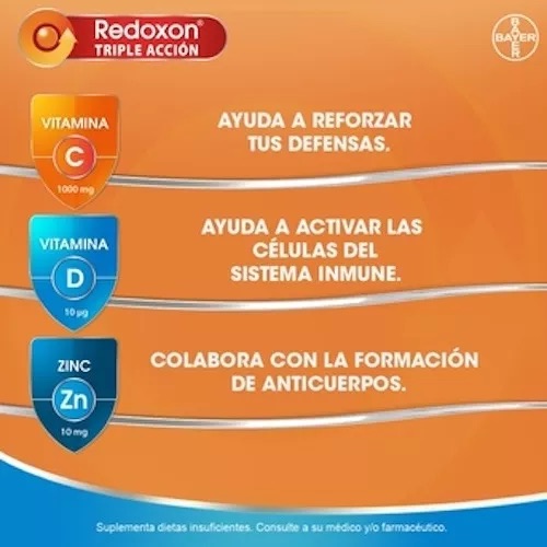 SUPLEMENTO ALIMENTICIO BAYER TABLETAS VITAMINA C + D + ZINC REDOXON TRIPLE ACCIÓN 10 COMP NARANJA - 4