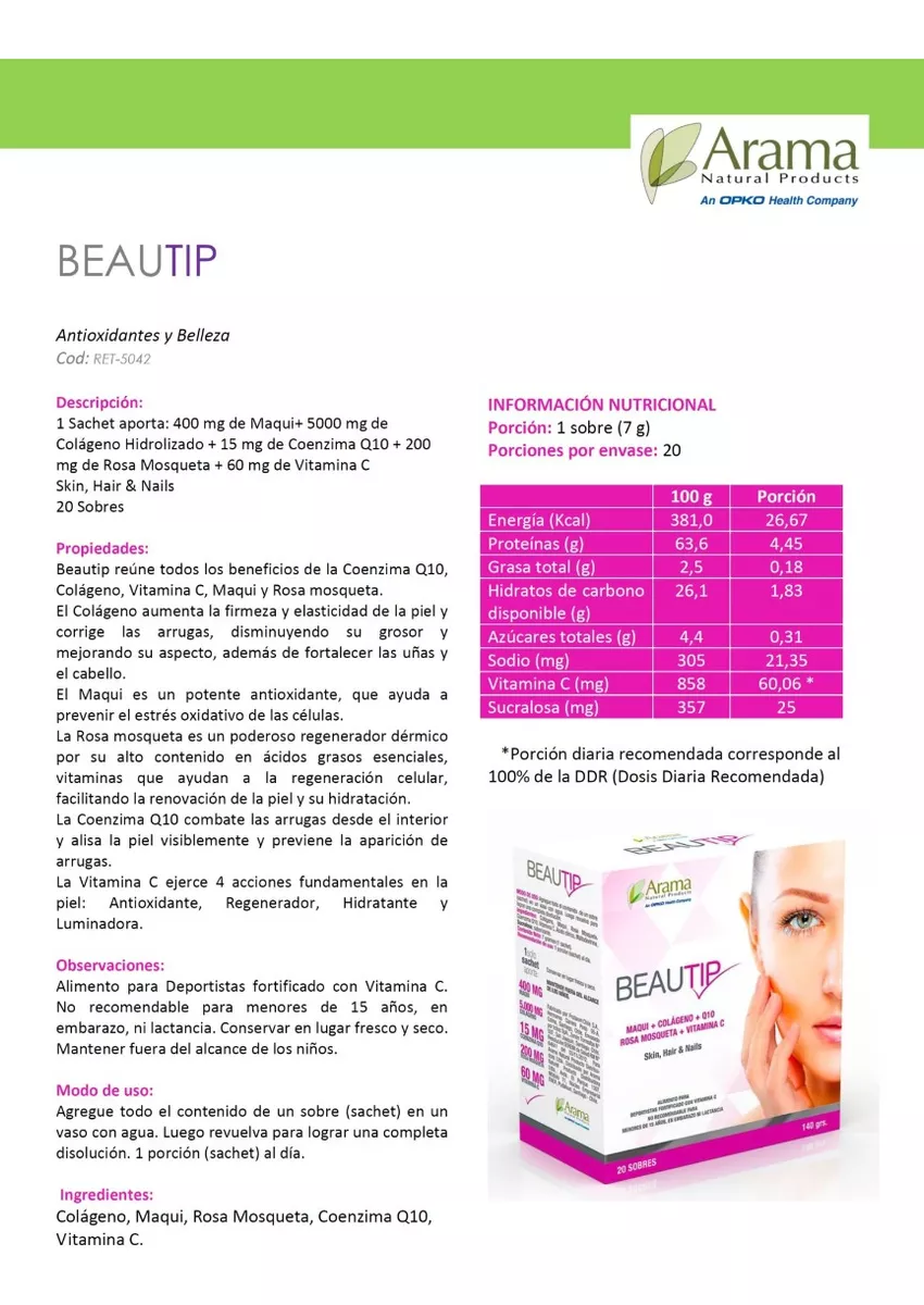 SUPLEMENTO ALIMENTICIO ARAMA COLAGENO BEAUTIP 20 SOBRES MAQUI ROSA MOSQUETA Q10 - 2