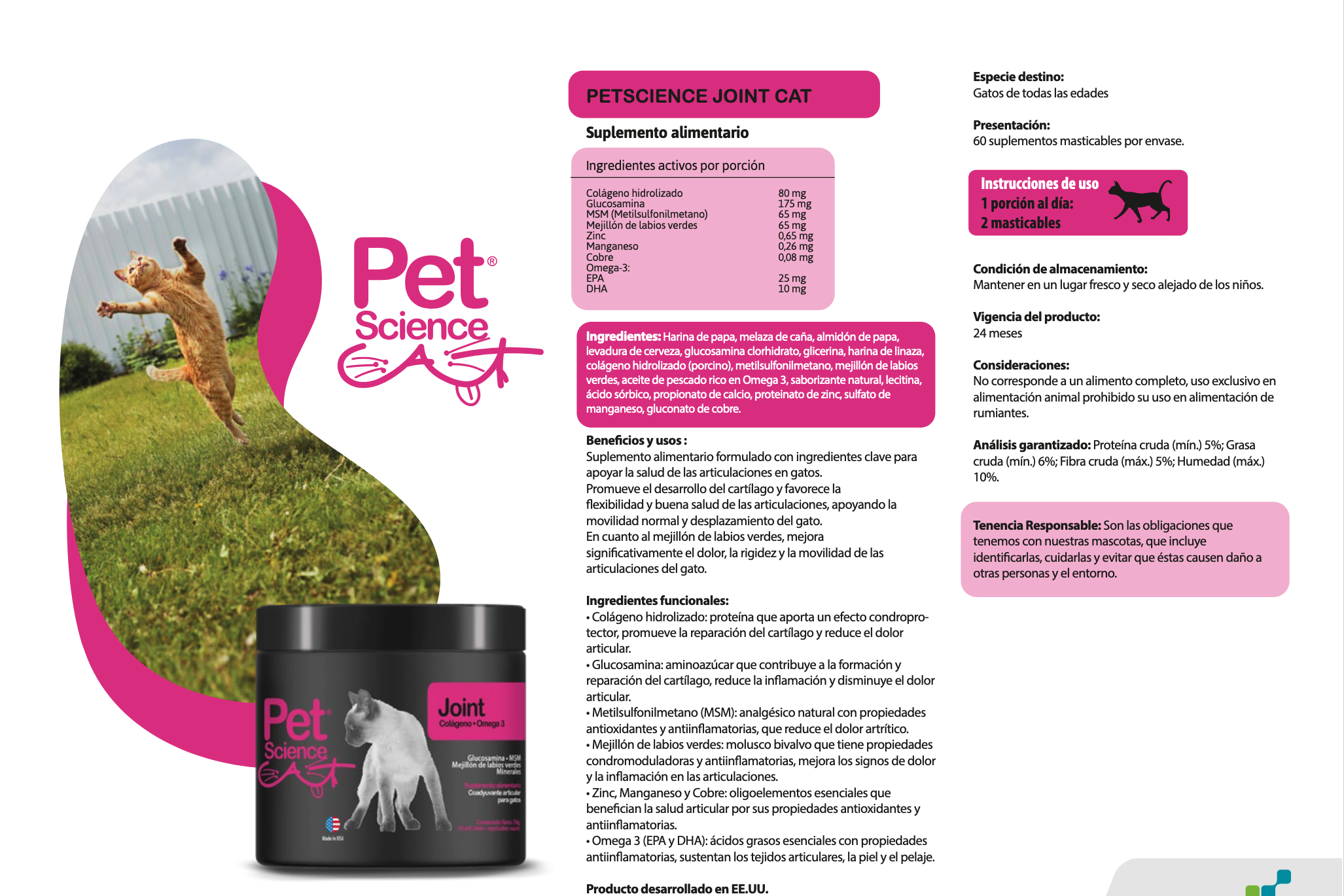 SUPLEMENTO GATO 60 COMPRIMIDOS PETSCIENCE JOIN CAT COLAGENO + OMEGA3 MASTICABLE - 2
