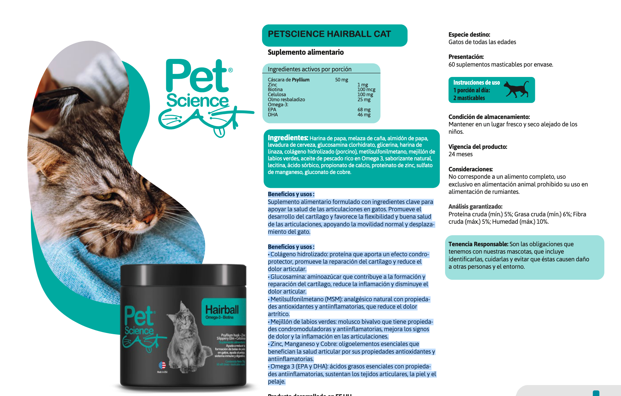 SUPLEMENTO GATO 60 COMPRIMIDOS PETSCIENCE CAT HAIRBALL BOLA PELO MASTICABLE - 3