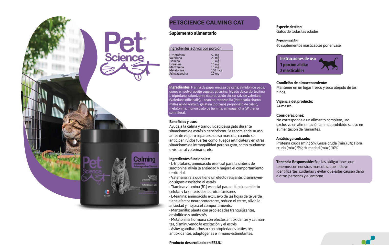 TRANQUILIZANTE GATO 60 COMPRIMIDOS PETSCIENCE ANTIESTRES MASTICABLE SUAVE - 2