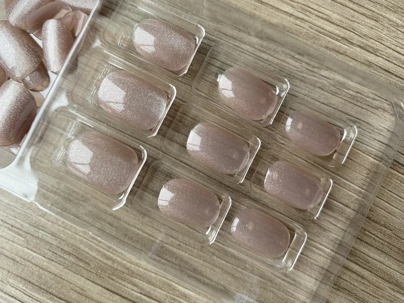 UÑAS PRESS ON ADHESIVAS 24PCS OJO DE GATO POSTIZAS ROSA CLARO OVALADAS CORTAS REUTILIZABLE - 6